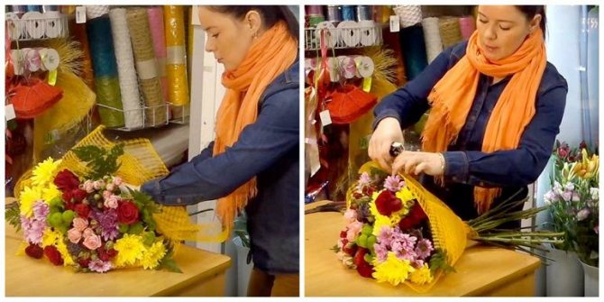 Декор букета сеткой